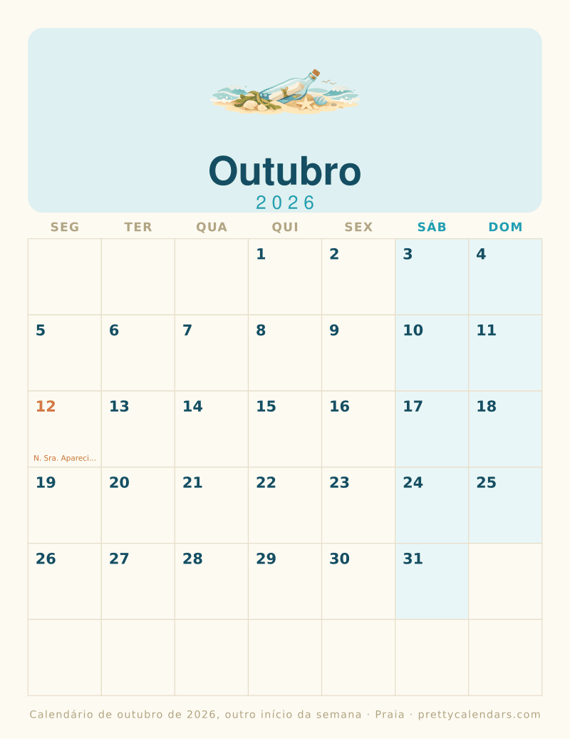 Calendário mensal para imprimir com outro início da semana, estilo Praia