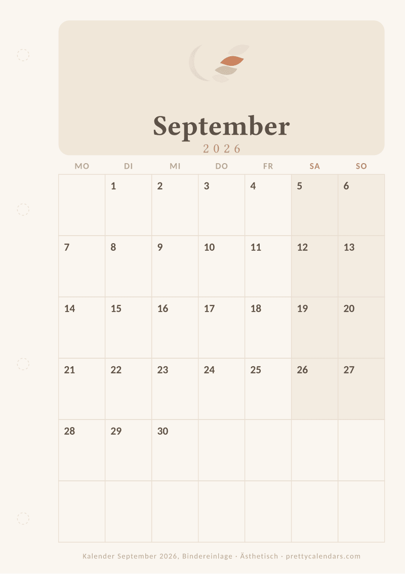 Druckbarer Monatskalender mit Binderlochrand, Design Ästhetisch