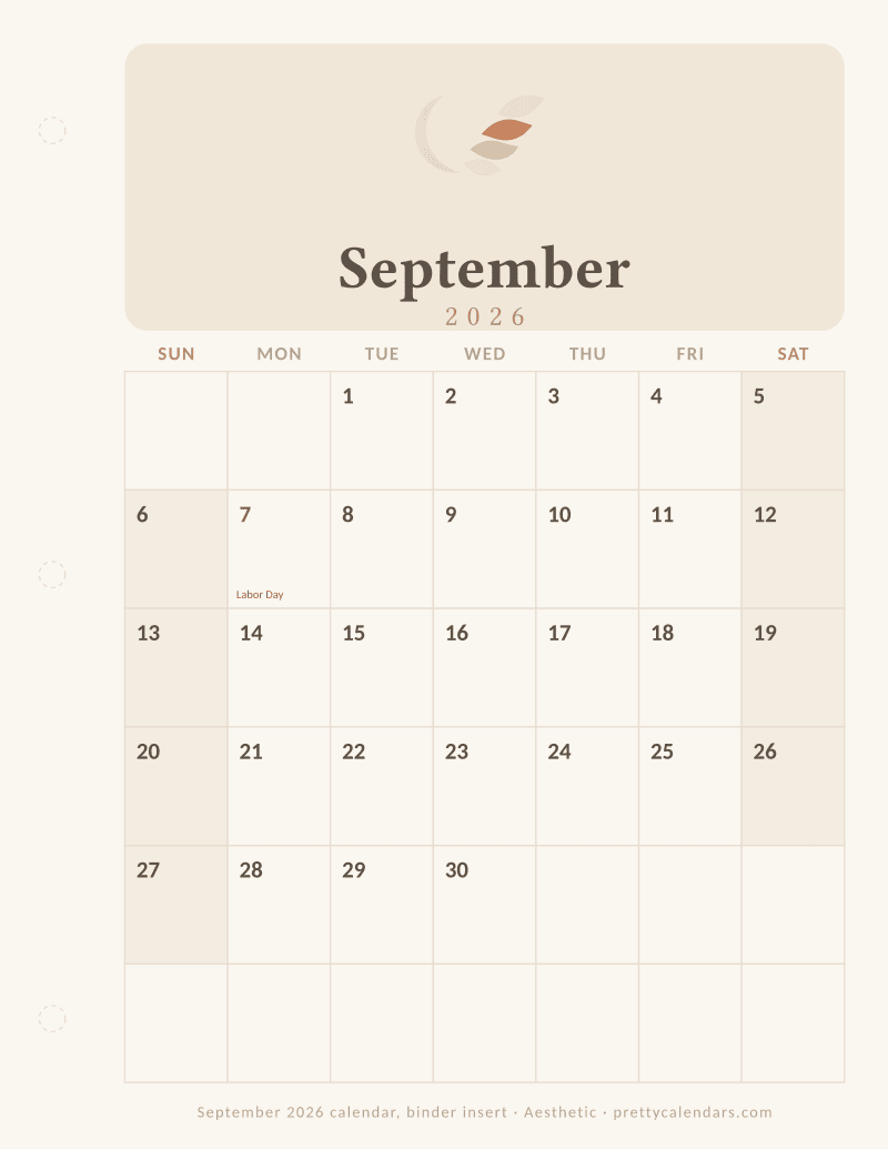 Printable monthly calendar as a ring binder insert with a hole punch margin, Aesthetic style