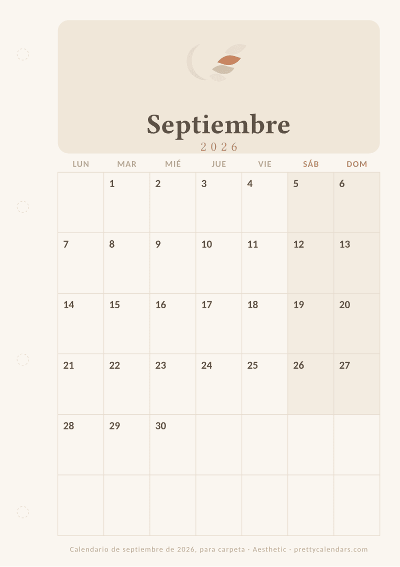 Calendario mensual para imprimir como hoja de carpeta de anillas con margen perforado, estilo Aesthetic