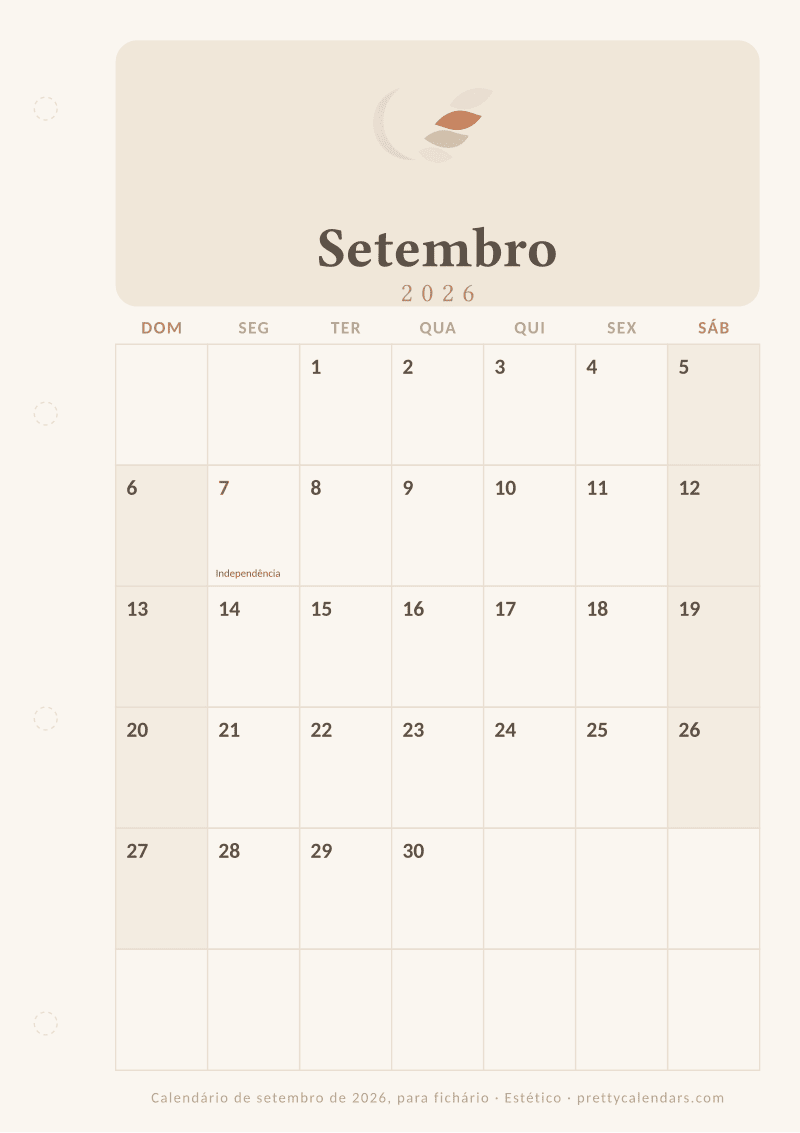 Calendário mensal para imprimir com margem para fichário, estilo Estético