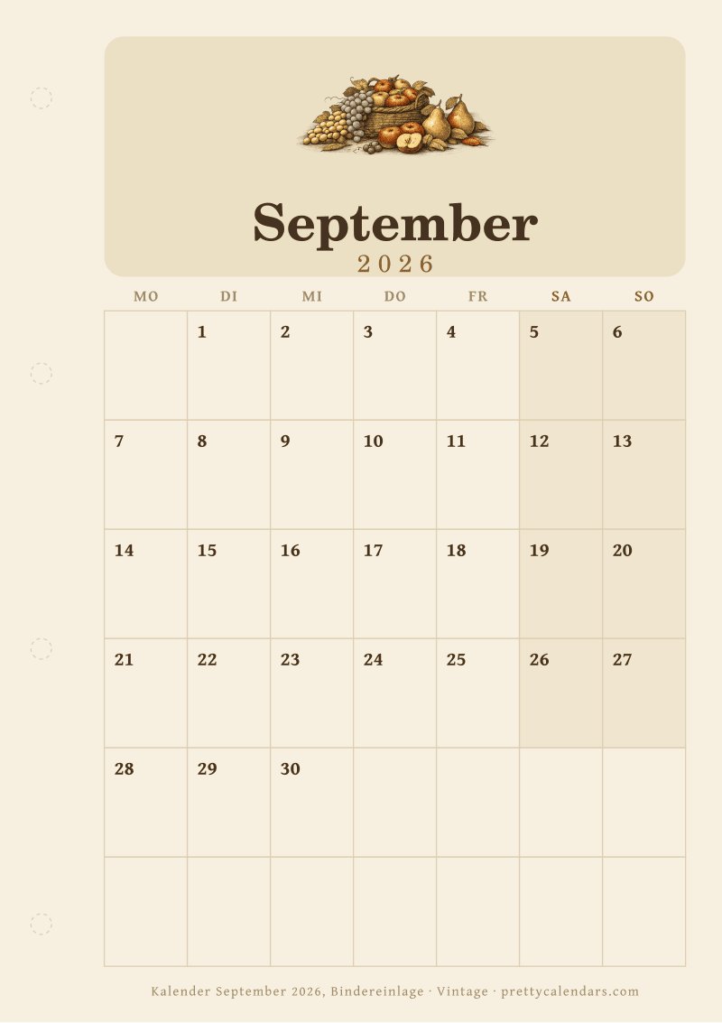 Druckbarer Monatskalender mit Binderlochrand, Design Vintage