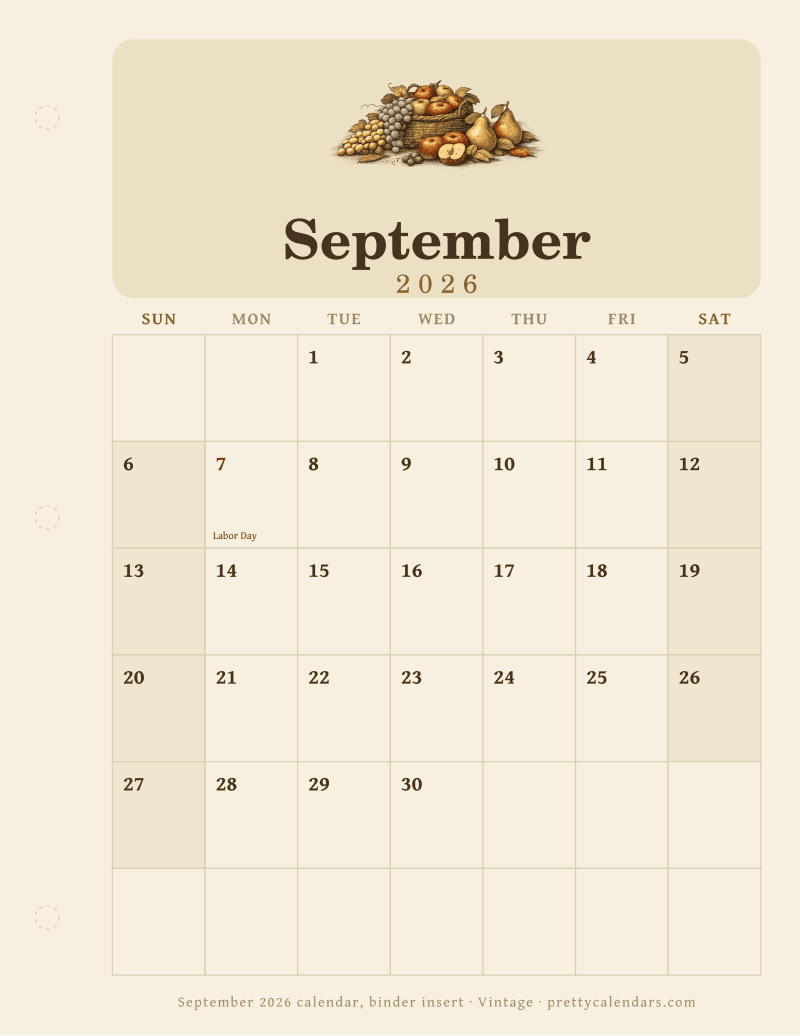 Printable monthly calendar as a ring binder insert with a hole punch margin, Vintage style