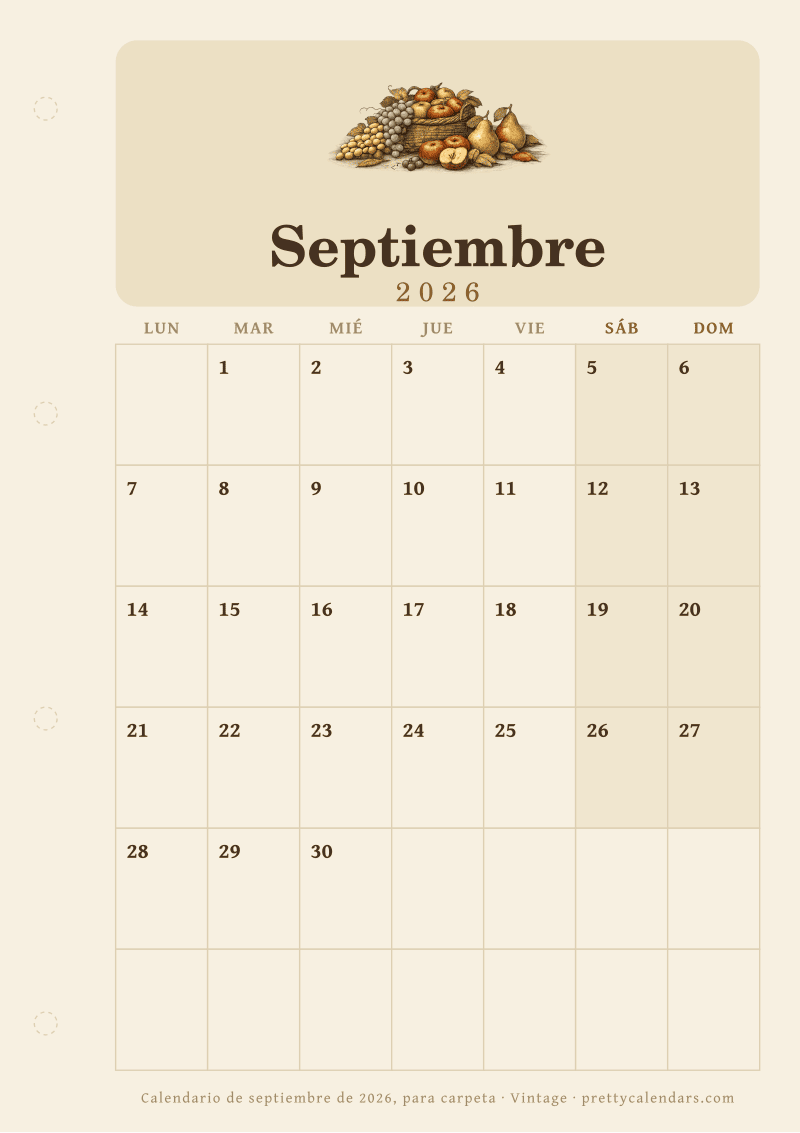 Calendario mensual para imprimir como hoja de carpeta de anillas con margen perforado, estilo Vintage