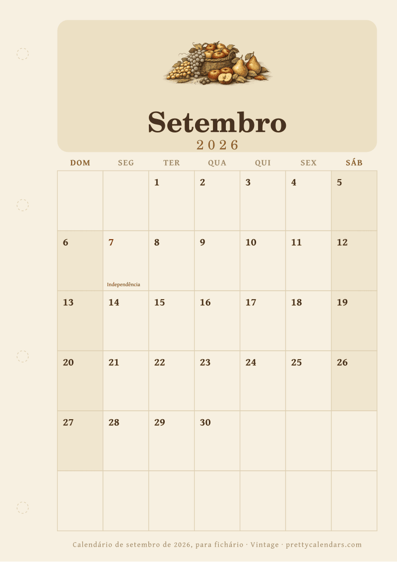 Calendário mensal para imprimir com margem para fichário, estilo Vintage