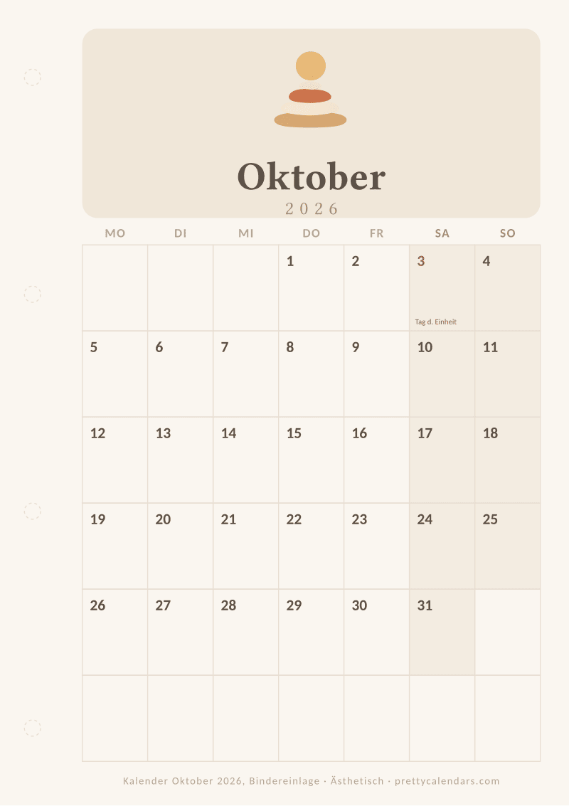 Druckbarer Monatskalender mit Binderlochrand, Design Ästhetisch