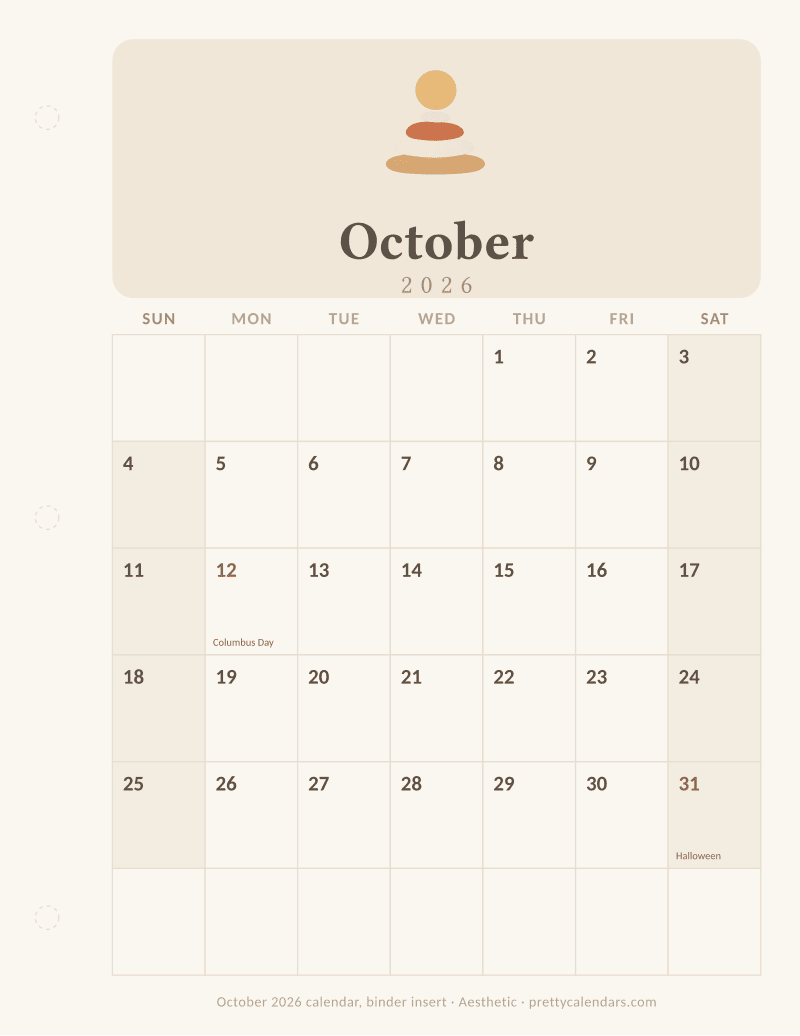 Printable monthly calendar as a ring binder insert with a hole punch margin, Aesthetic style