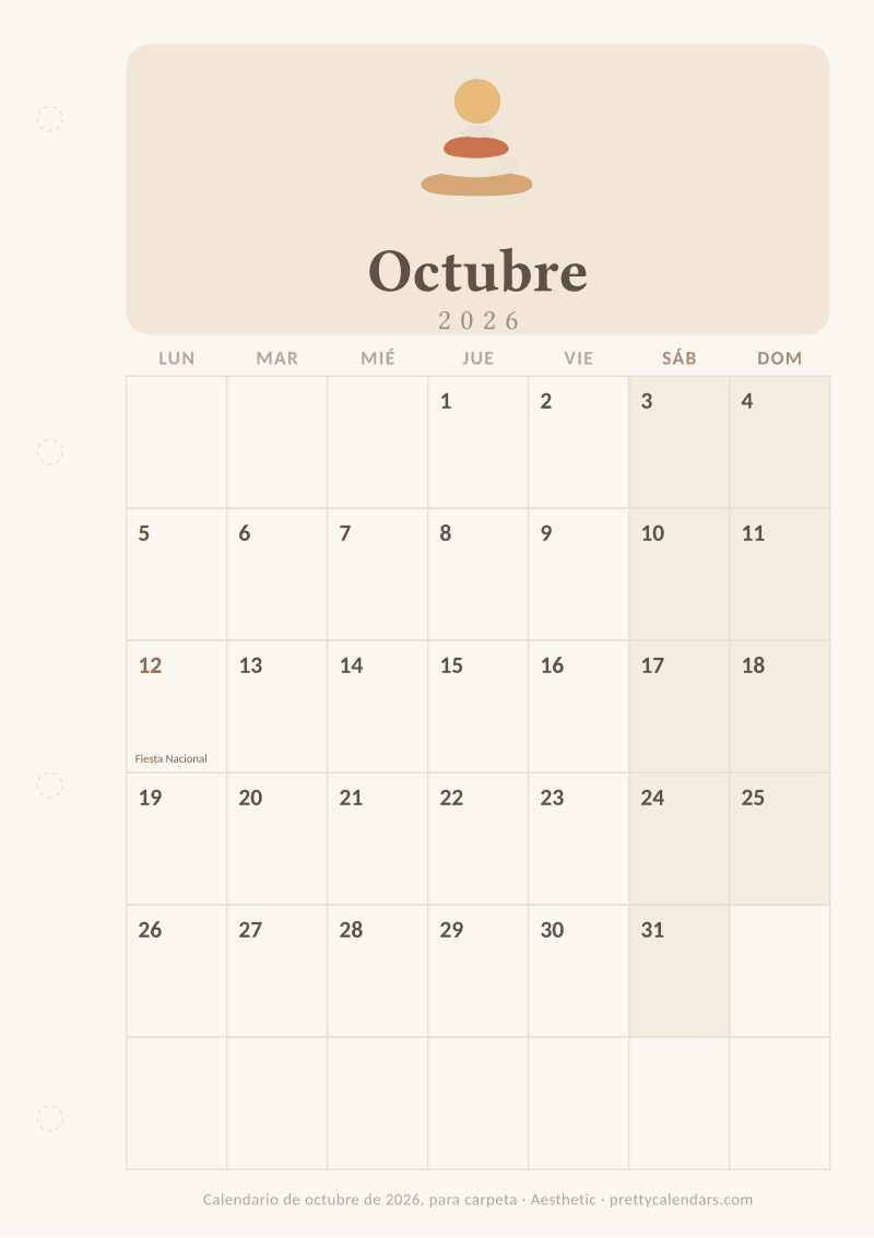 Calendario mensual para imprimir como hoja de carpeta de anillas con margen perforado, estilo Aesthetic