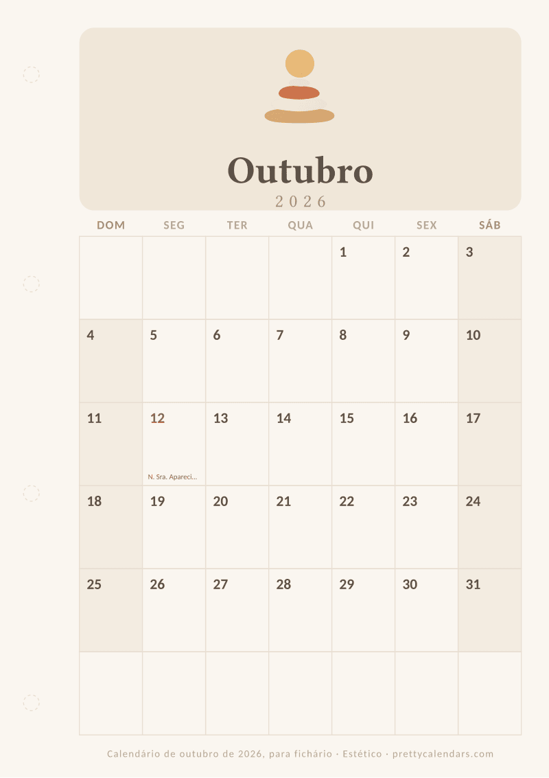 Calendário mensal para imprimir com margem para fichário, estilo Estético
