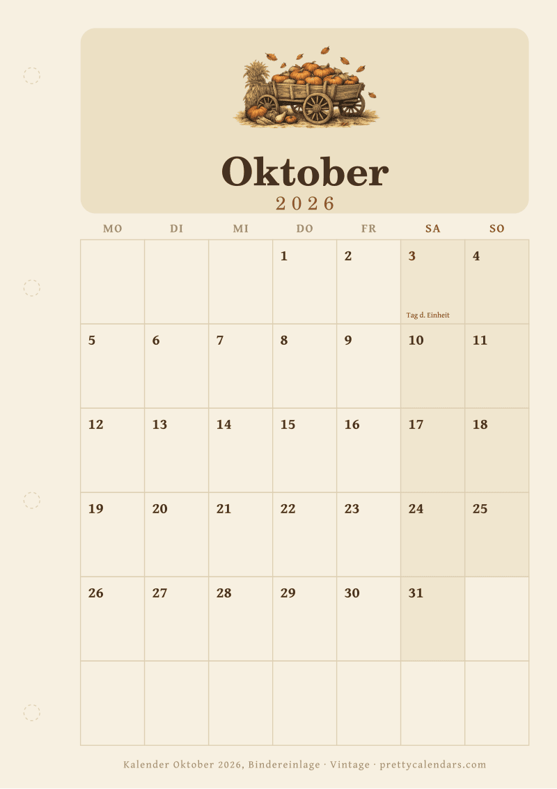 Druckbarer Monatskalender mit Binderlochrand, Design Vintage