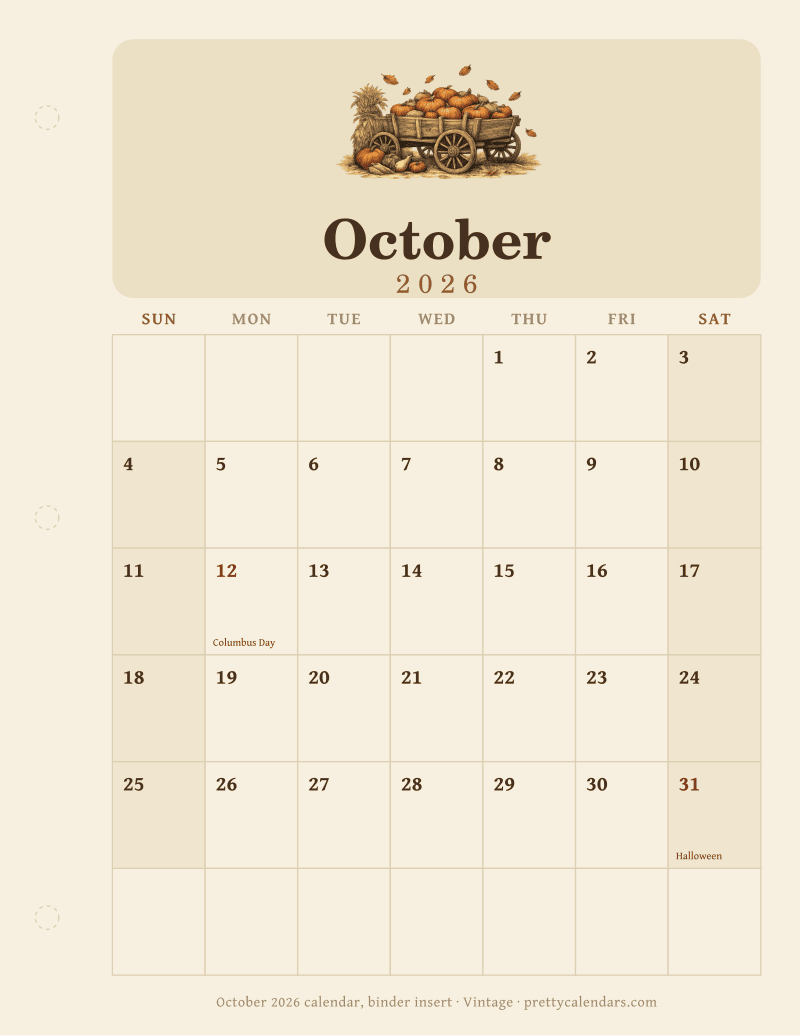 Printable monthly calendar as a ring binder insert with a hole punch margin, Vintage style