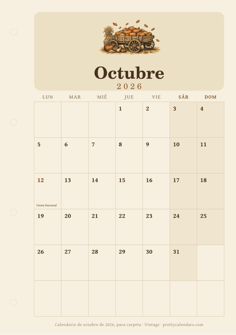Calendario mensual para imprimir como hoja de carpeta de anillas con margen perforado, estilo Vintage