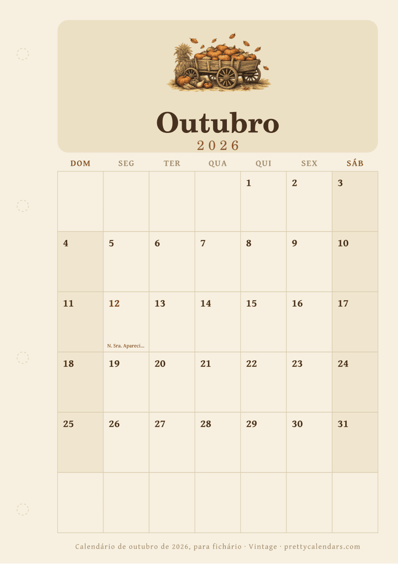 Calendário mensal para imprimir com margem para fichário, estilo Vintage