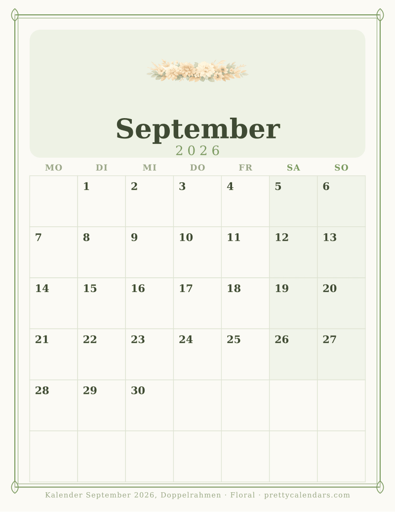 Druckbarer Monatskalender mit Doppelrahmen, Design Floral