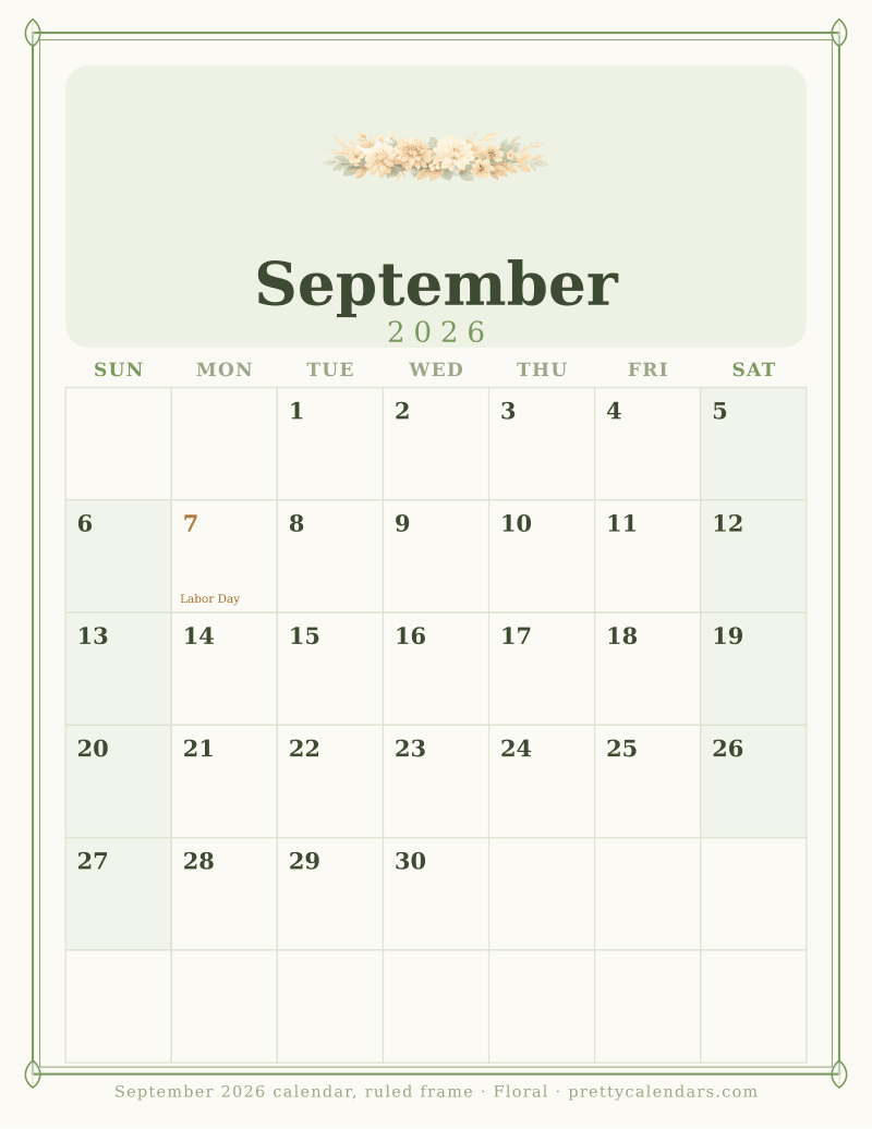 Printable monthly calendar inside a double ruled frame with corner ornaments, Floral style