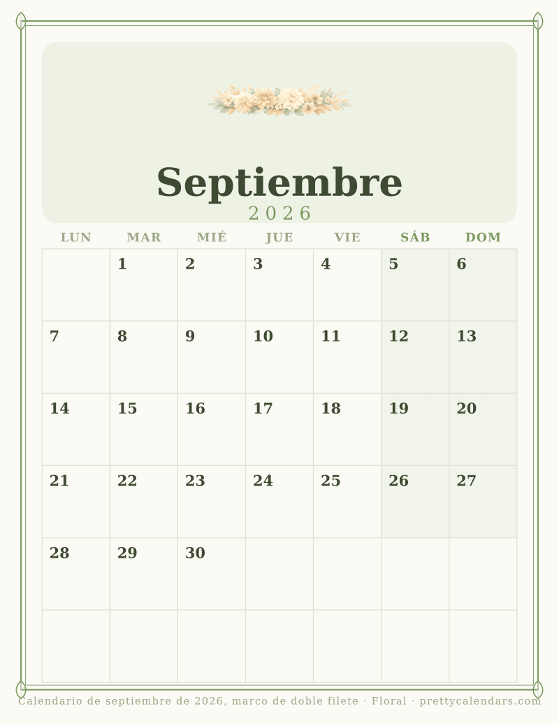 Calendario mensual para imprimir dentro de un marco de doble filete con adornos en las esquinas, estilo Floral