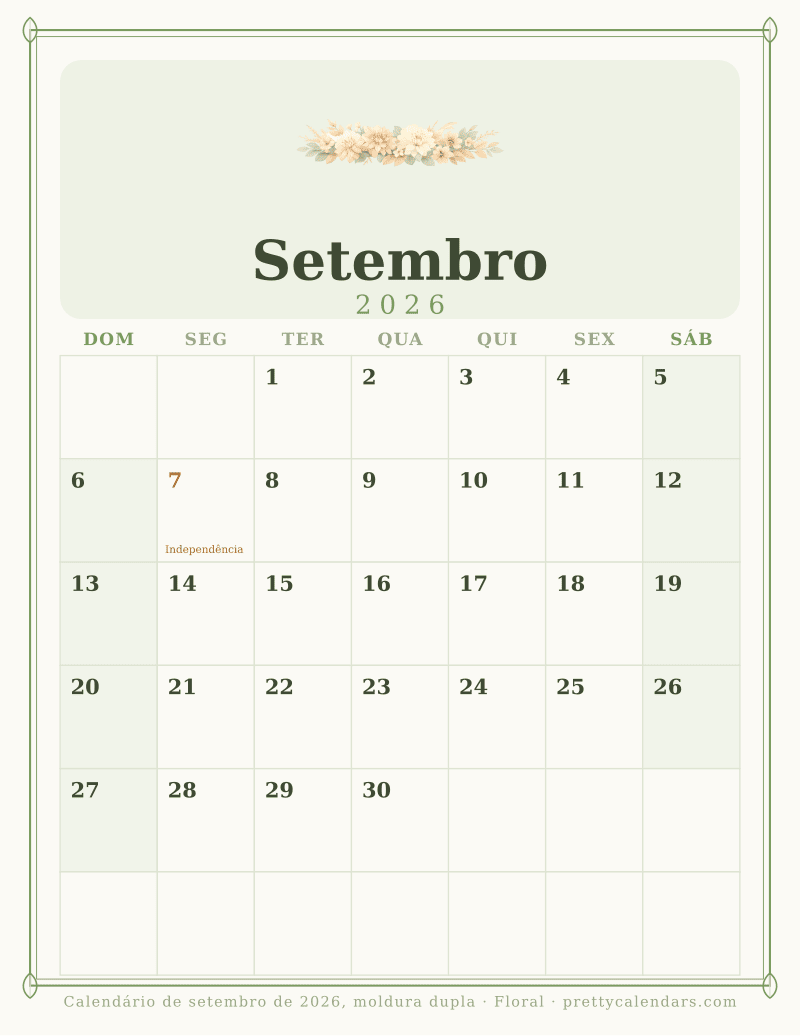 Calendário mensal para imprimir com moldura dupla, estilo Floral