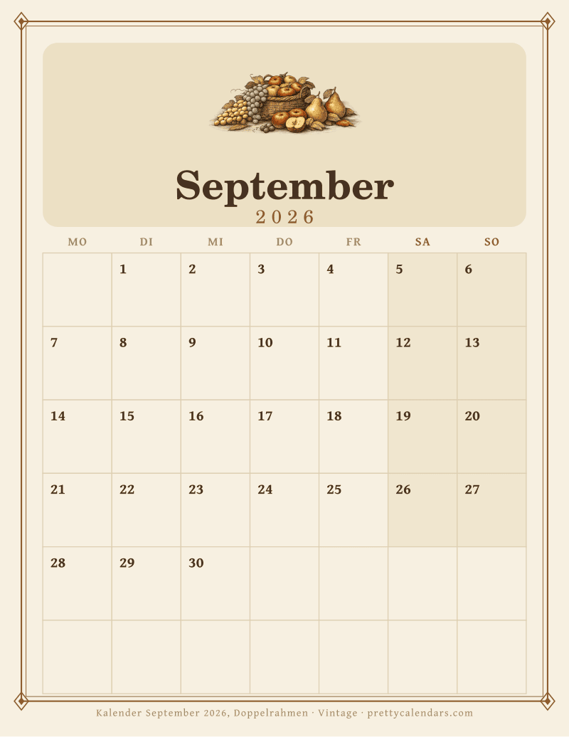 Druckbarer Monatskalender mit Doppelrahmen, Design Vintage