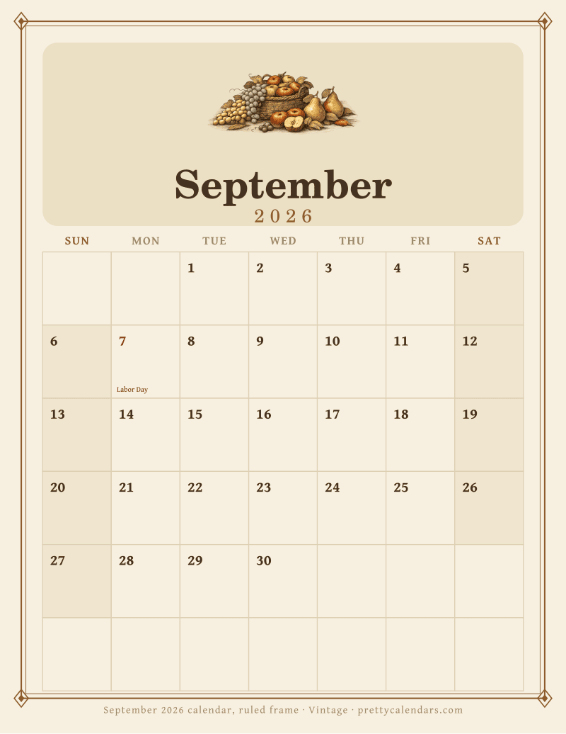 Printable monthly calendar inside a double ruled frame with corner ornaments, Vintage style
