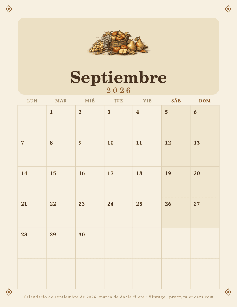 Calendario mensual para imprimir dentro de un marco de doble filete con adornos en las esquinas, estilo Vintage