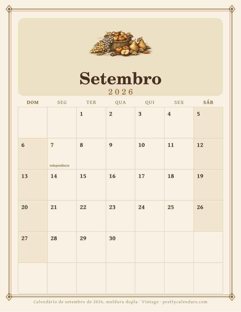 Calendário mensal para imprimir com moldura dupla, estilo Vintage