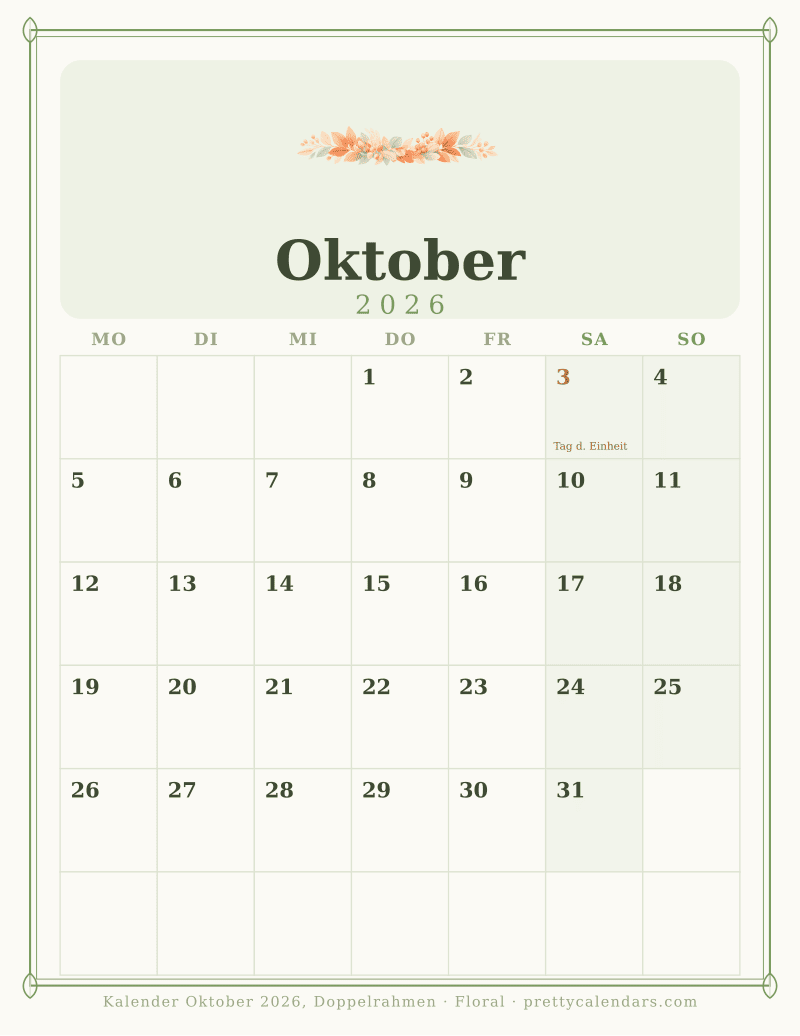 Druckbarer Monatskalender mit Doppelrahmen, Design Floral