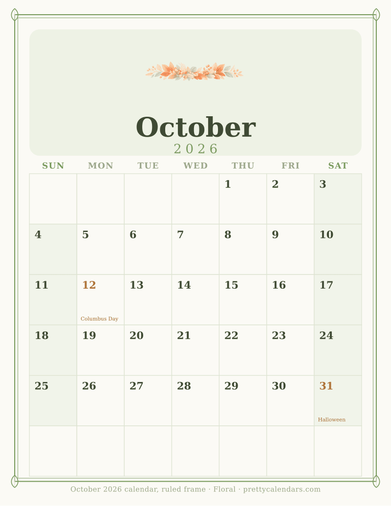 Printable monthly calendar inside a double ruled frame with corner ornaments, Floral style