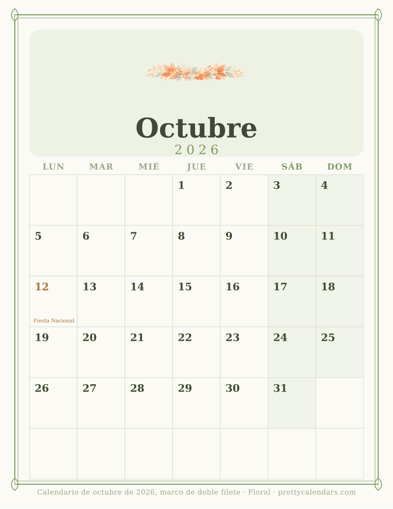 Calendario mensual para imprimir dentro de un marco de doble filete con adornos en las esquinas, estilo Floral