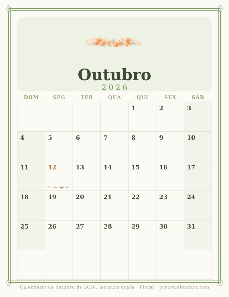 Calendário mensal para imprimir com moldura dupla, estilo Floral