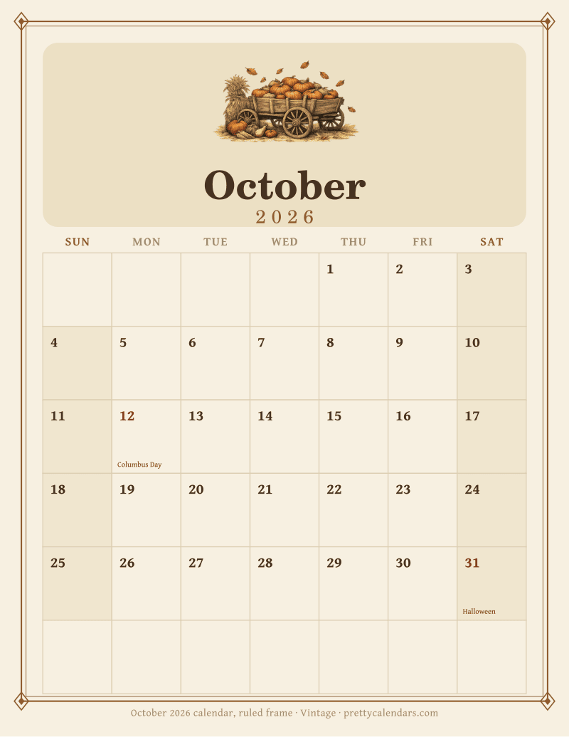 Printable monthly calendar inside a double ruled frame with corner ornaments, Vintage style