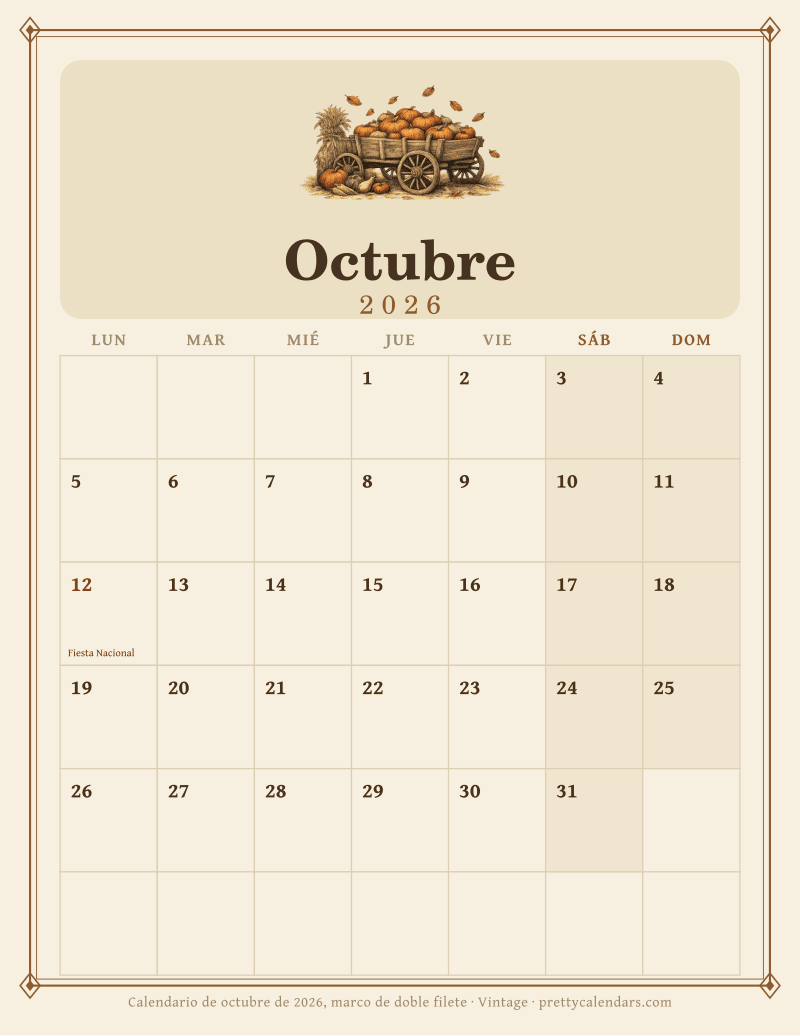 Calendario mensual para imprimir dentro de un marco de doble filete con adornos en las esquinas, estilo Vintage
