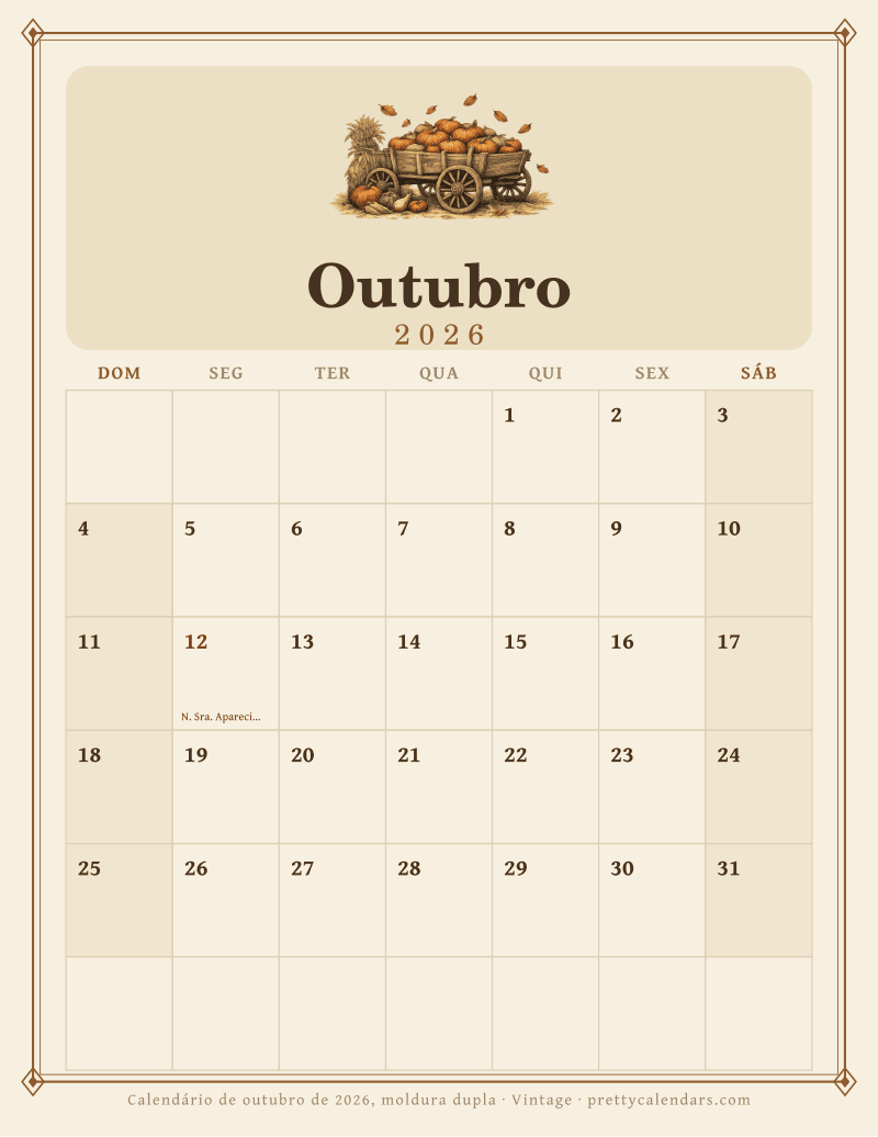 Calendário mensal para imprimir com moldura dupla, estilo Vintage