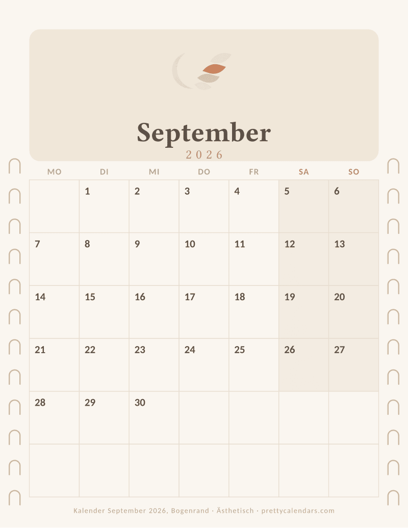Druckbarer Monatskalender mit Bogenrand auf beiden Seiten, Design Ästhetisch
