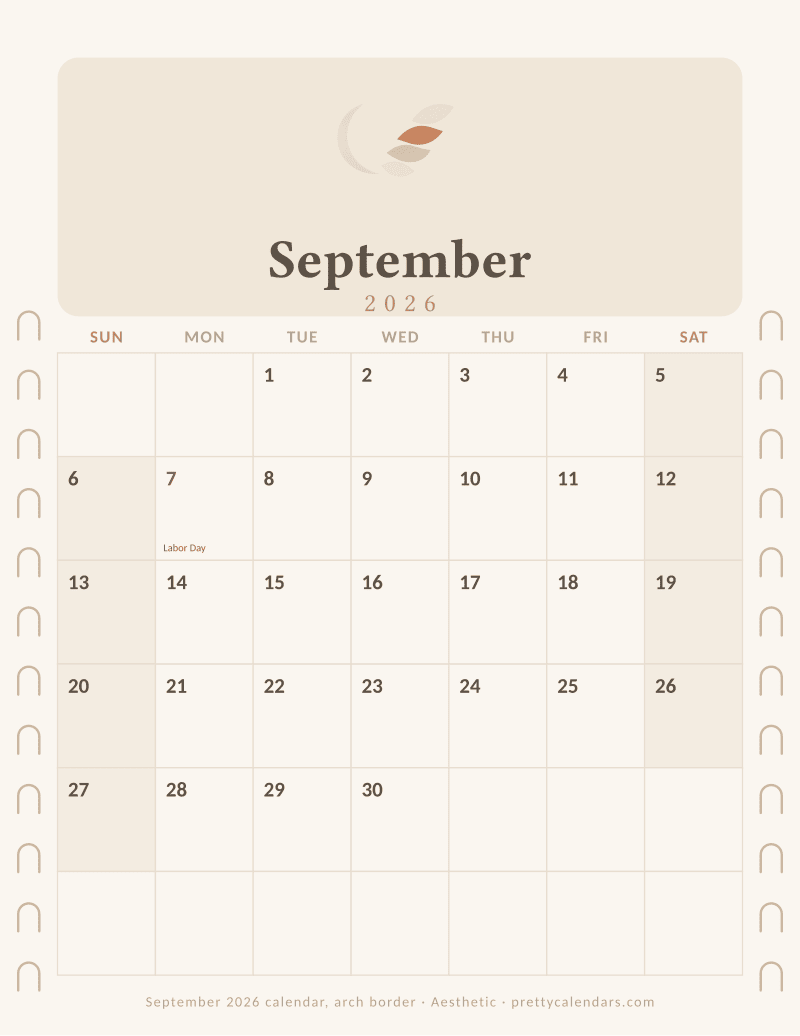 Printable monthly calendar with an arch border down both margins, Aesthetic style