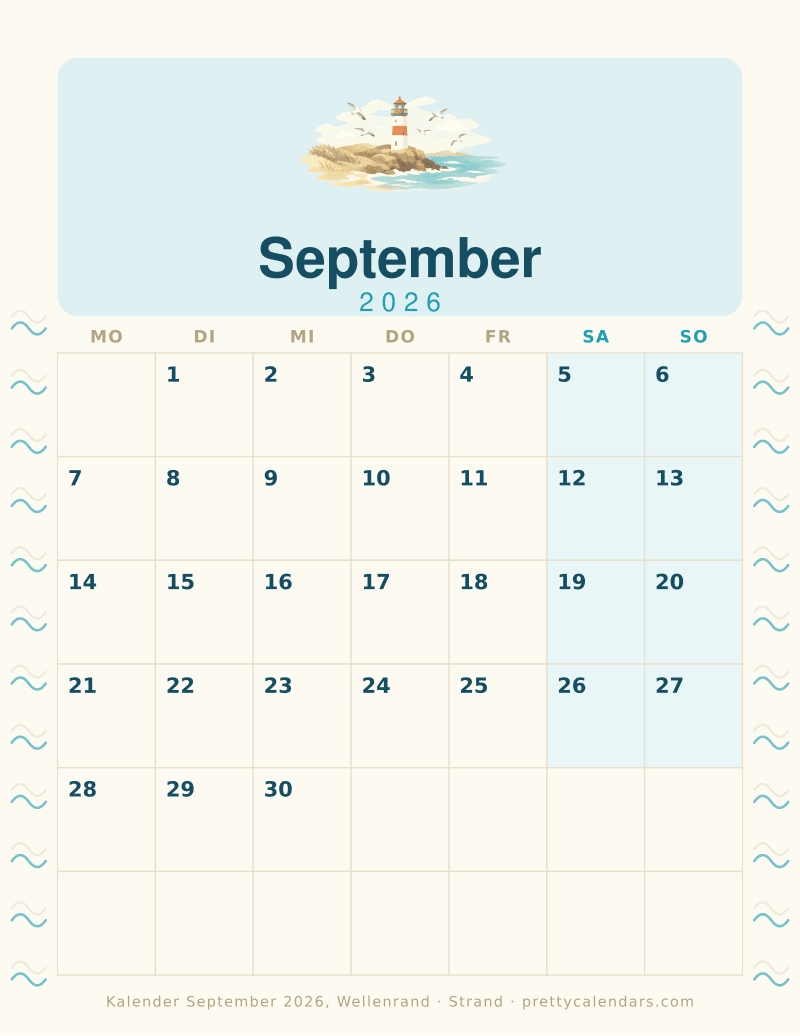 Druckbarer Monatskalender mit Wellenrand auf beiden Seiten, Design Strand