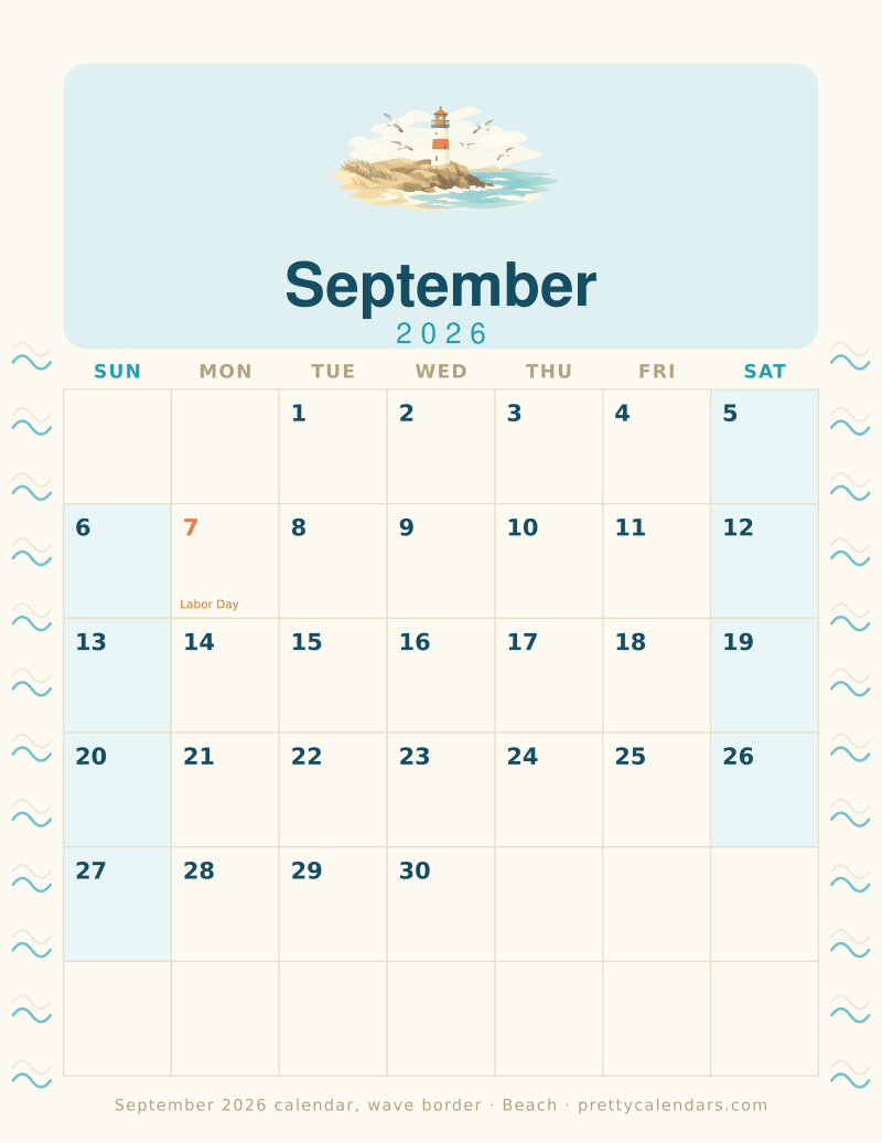 Printable monthly calendar with a wave border down both margins, Beach style