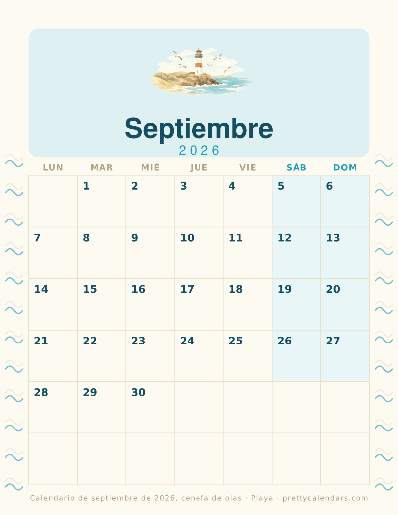 Calendario mensual para imprimir con una cenefa de olas en los dos márgenes, estilo Playa