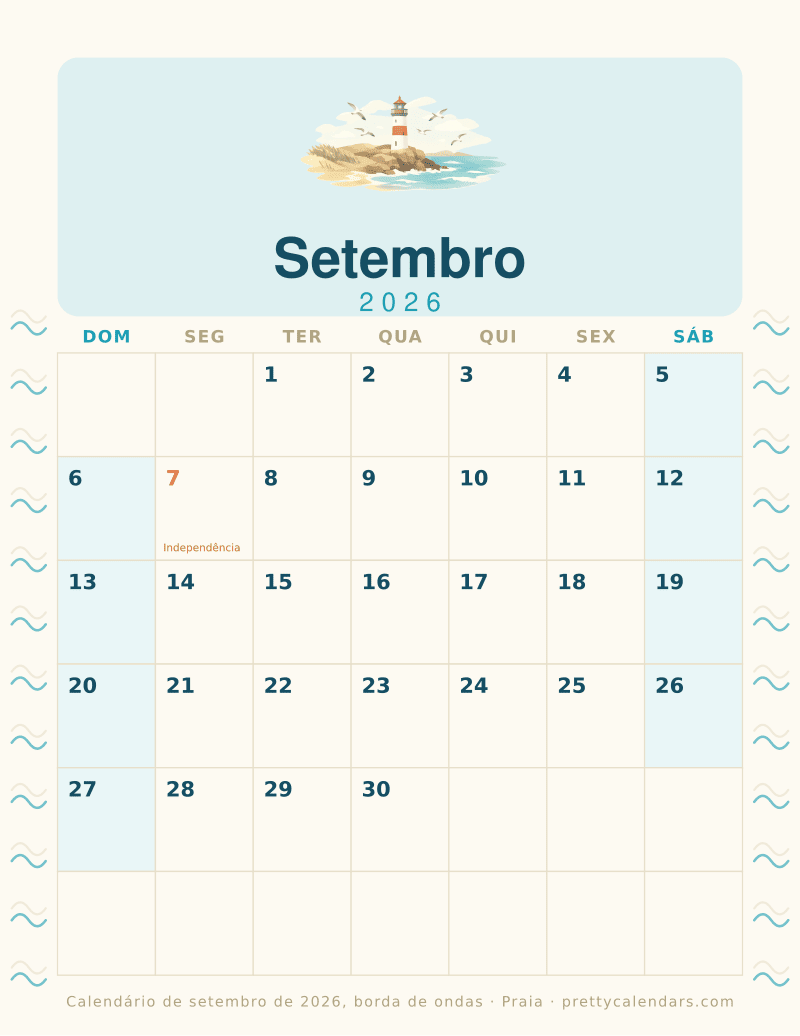 Calendário mensal para imprimir com borda de ondas nas duas margens, estilo Praia