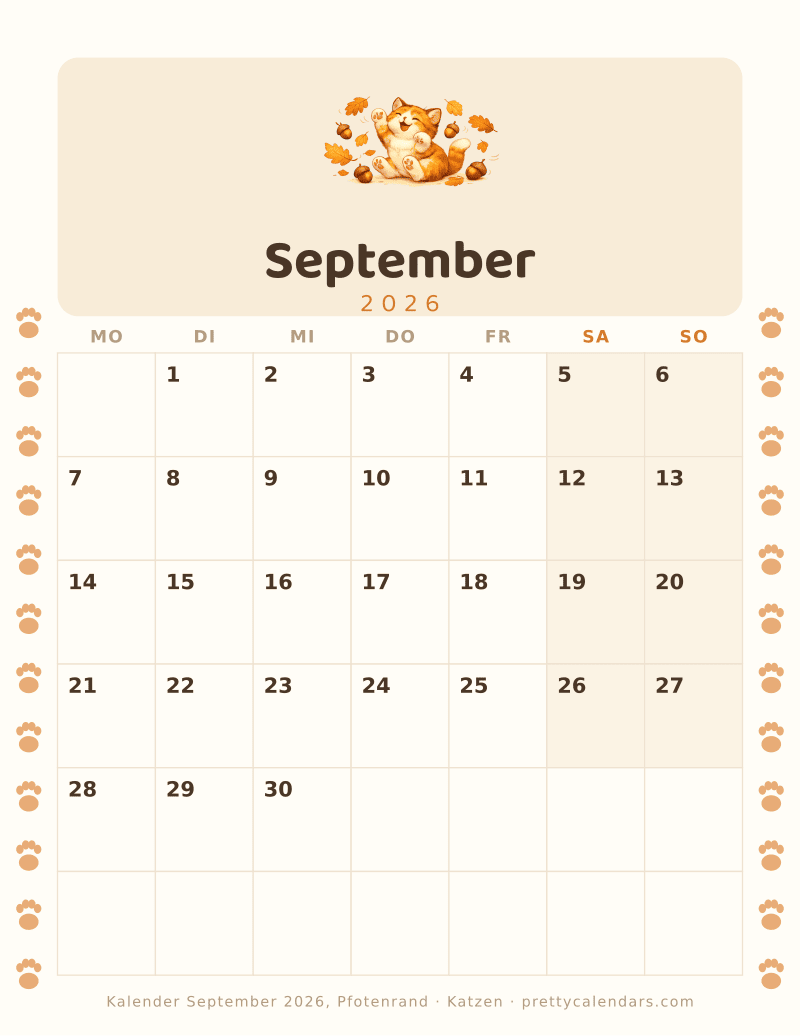 Druckbarer Monatskalender mit Pfotenrand auf beiden Seiten, Design Katzen