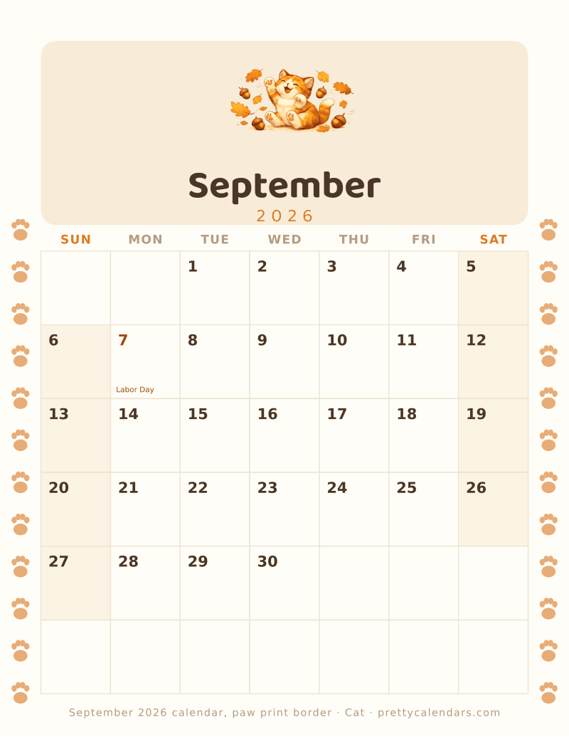 Printable monthly calendar with a paw print border down both margins, Cat style