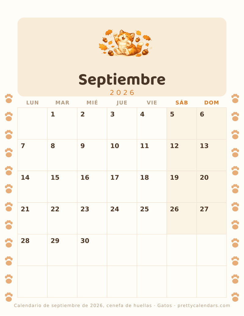 Calendario mensual para imprimir con una cenefa de huellas en los dos márgenes, estilo Gatos