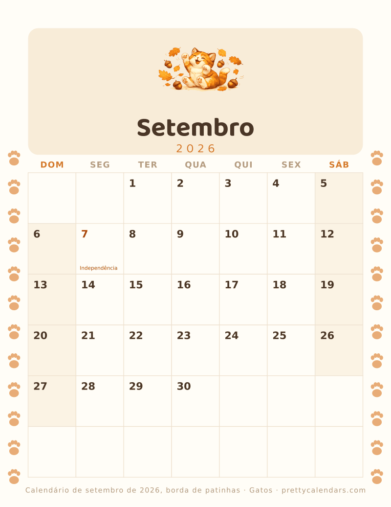 Calendário mensal para imprimir com borda de patinhas nas duas margens, estilo Gatos