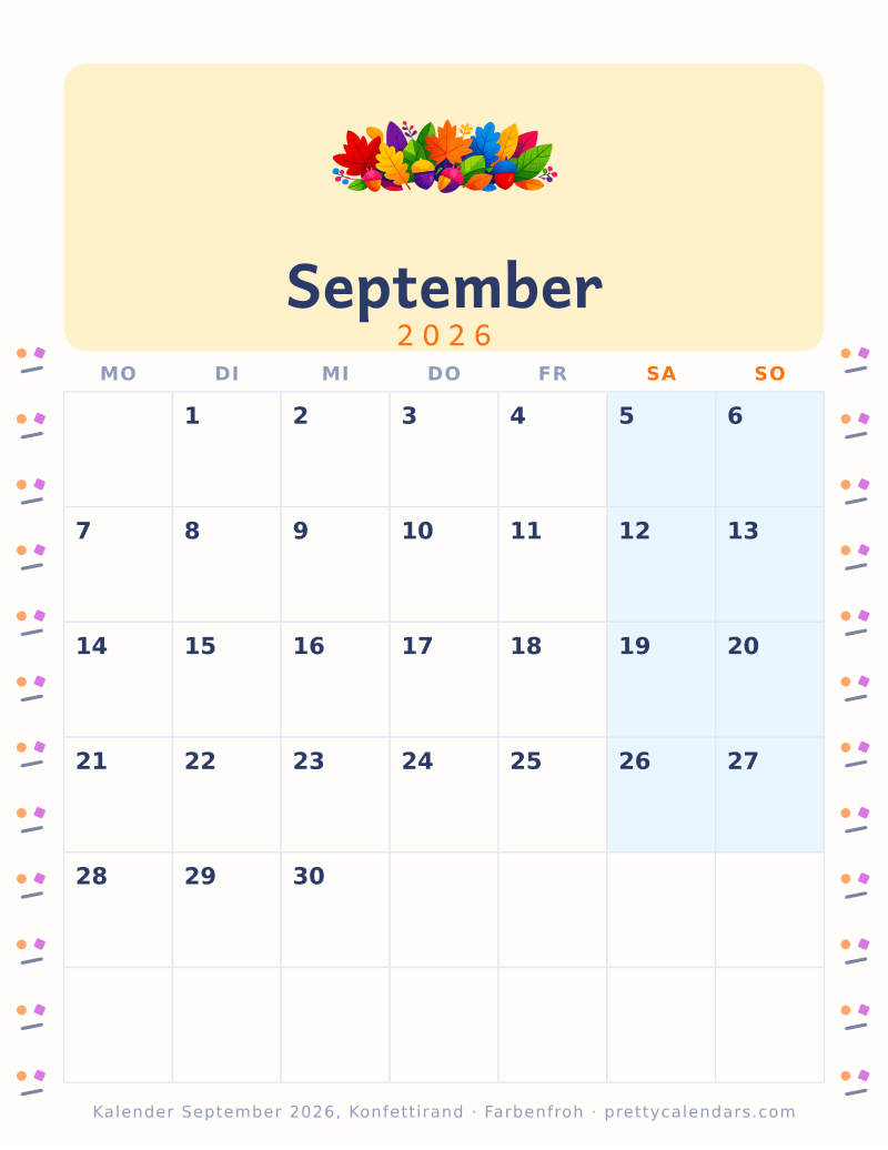 Druckbarer Monatskalender mit Konfettirand auf beiden Seiten, Design Farbenfroh