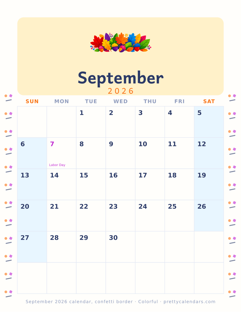 Printable monthly calendar with a confetti border down both margins, Colorful style