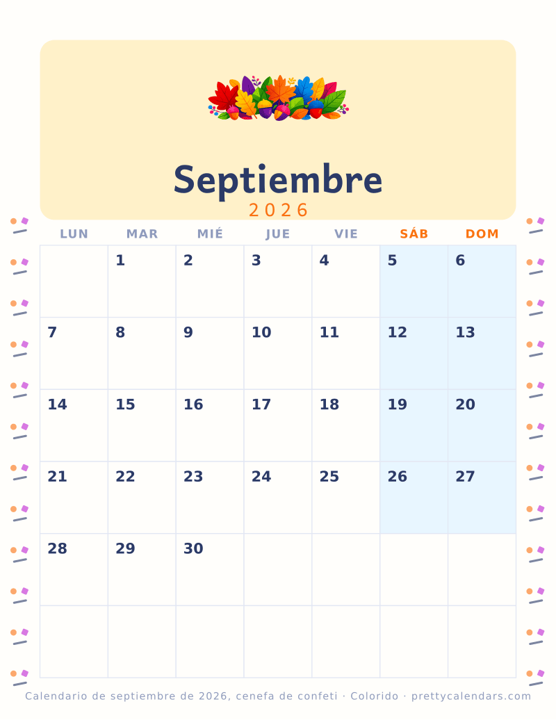 Calendario mensual para imprimir con una cenefa de confeti en los dos márgenes, estilo Colorido