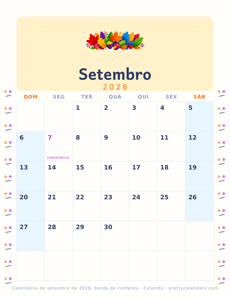 Calendário mensal para imprimir com borda de confetes nas duas margens, estilo Colorido