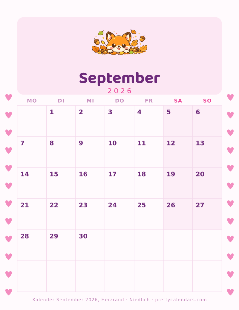 Druckbarer Monatskalender mit Herzrand auf beiden Seiten, Design Niedlich