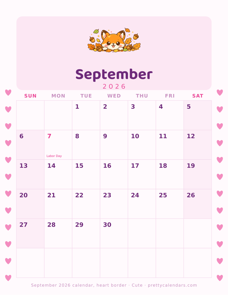Printable monthly calendar with a heart border down both margins, Cute style
