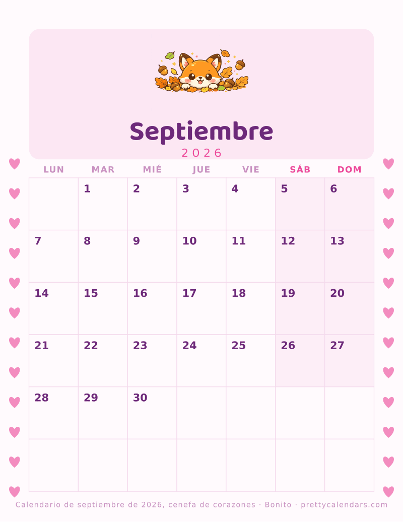 Calendario mensual para imprimir con una cenefa de corazones en los dos márgenes, estilo Bonito