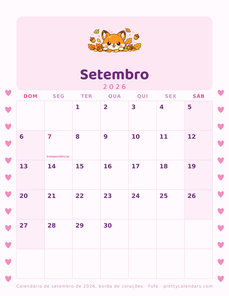 Calendário mensal para imprimir com borda de corações nas duas margens, estilo Fofo